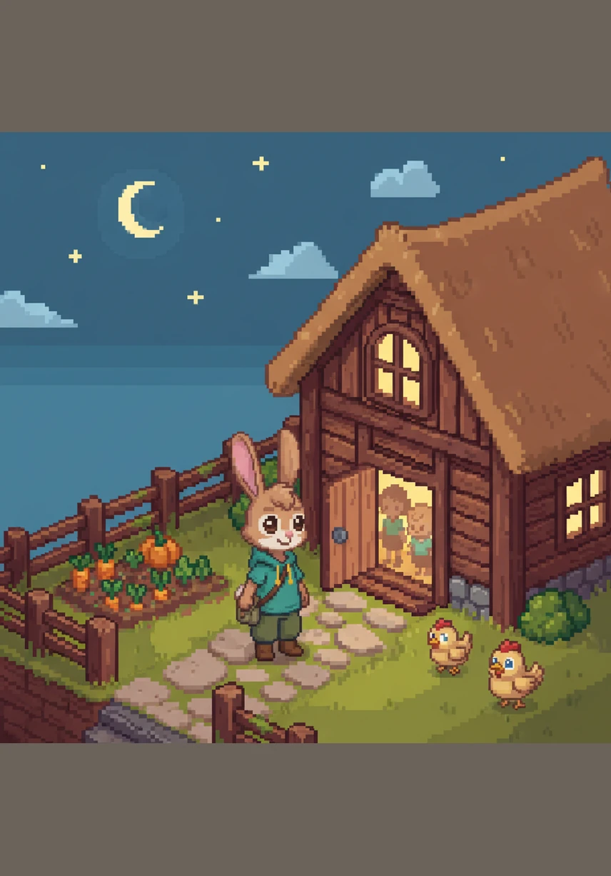 Alors que le crépuscule teinte le ciel de nuances orangées et violettes, Léo rentre enfin chez lui. Il retrouve sa maman qui l'attendait avec impatience et un sourire bienveillant devant le seuil de leur maison.