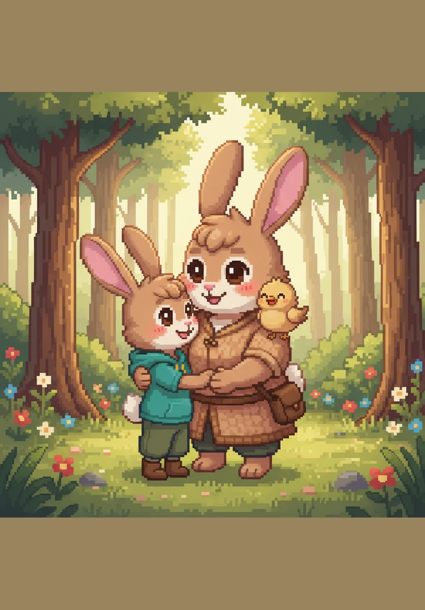 Sa maman le prend tendrement dans ses bras et lui dit qu'elle est très fière de son courage et de sa gentillesse. Depuis ce jour, tous les habitants de la forêt savent que Léo est un petit lapin doté d'un cœur immense.