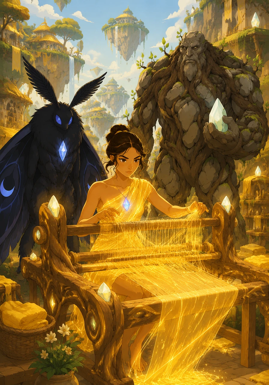 In a vibrant village perched atop floating islands, Elara sat at her loom, her fingers dancing. She spun threads of pure sunshine into shimmering fabrics, her magic bringing light and warmth to her people. Her loom was carved from ancient, sparkling wood, humming with energy.