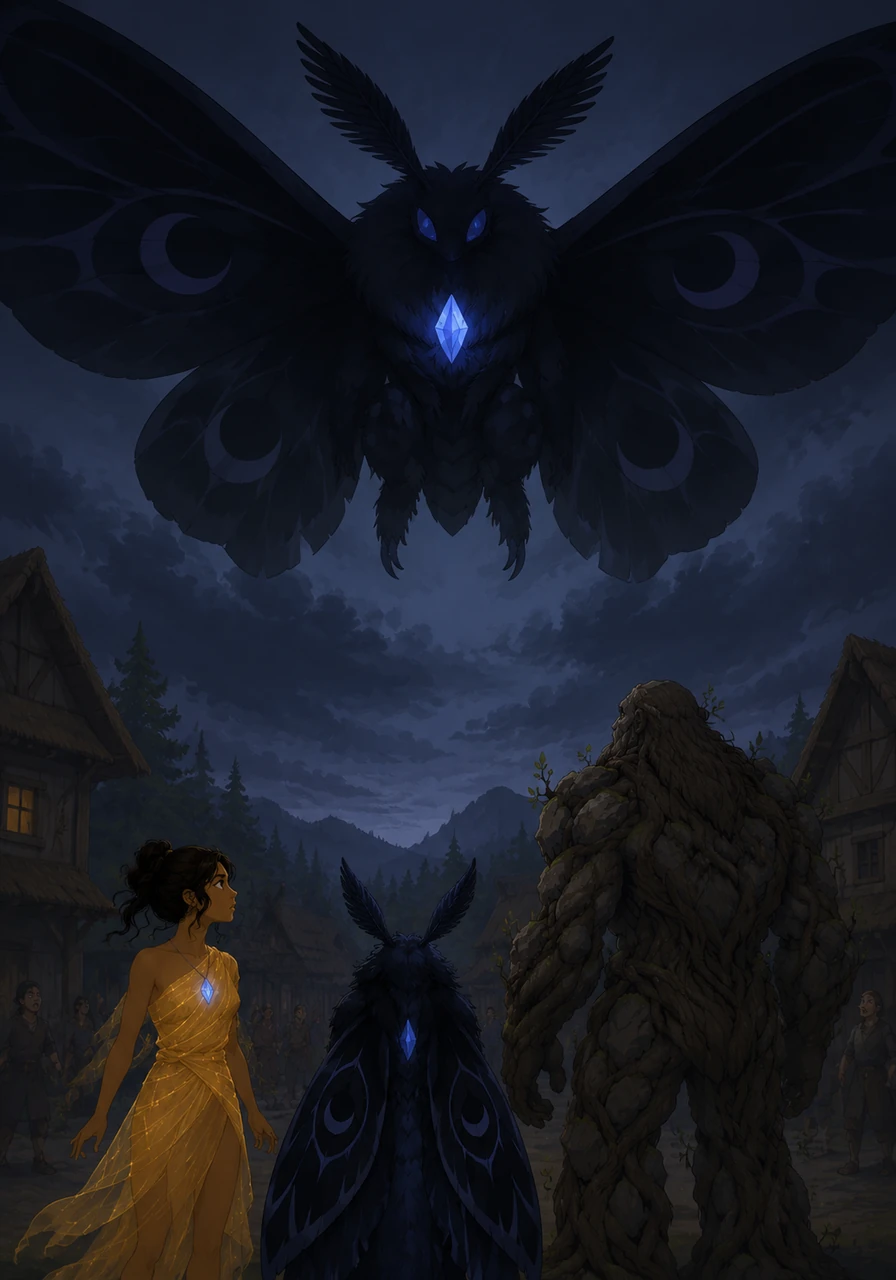 But a shadow was growing. High above, a massive, obsidian moth began to unfurl its wings, blotting out the sun. The village plunged into a sudden, cool twilight, and a wave of unease spread.