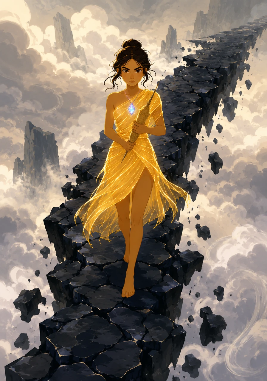 Elara, determined to save her village, took her most precious spindle. She set out across the aerial pathways, navigating treacherous obsidian bridges that crumbled into the swirling clouds below.