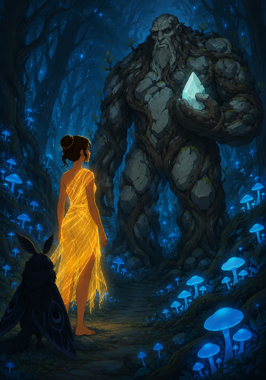 Her journey led her to the Whispering Woods, where the air was thick with glowing blue fungi and whispering winds. Here, she encountered the ancient Grovekeeper, a creature made of living root and stone, who guarded the path ahead.