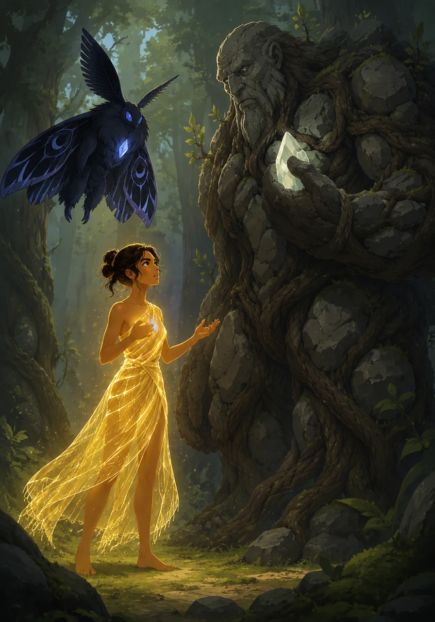 The Grovekeeper tested Elara's resolve, asking why she sought the Moonshade. Elara spoke of her village's plight, not realizing that the Moonshade was not truly evil, only driven by its nature to seek the light she created.