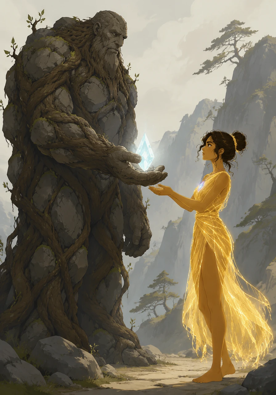 Impressed by her spirit, the Grovekeeper gifted her a small, pulsing moonstone shard, warning her that balance, not destruction, was the key. With the shard, she continued upward.