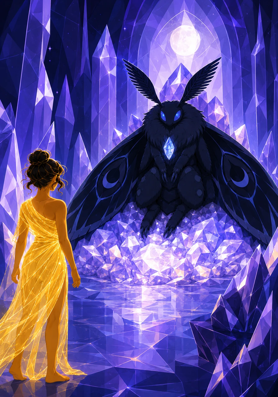 ly, Elara reached the Moonshade's lair, a sprawling, crystalline palace reflecting the captured moonlight. The moth was nestled on a bed of raw diamonds, its wings still drinking in the stolen warmth.