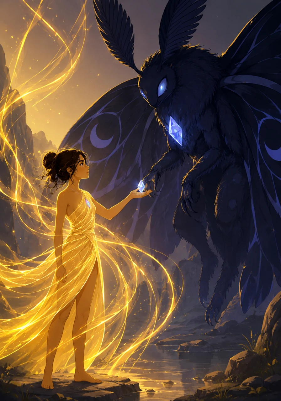 Instead of attacking, Elara unfurled her golden cloth, weaving the sunbeams directly into the air. The Moonshade, mesmerized, approached. Elara then offered the moonstone shard, which resonated with the moth's own nature.