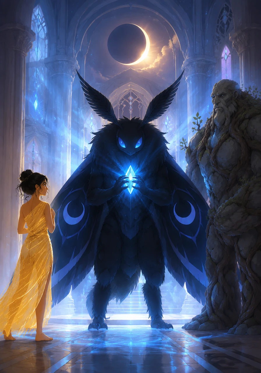 The Moonshade landed softly, placing the shard against its chest. A surge of soft blue light filled the palace, stabilizing the consumed sunlight. The darkness receded, leaving a beautiful, tempered eclipse that allowed both light and shadow to exist in harmony.