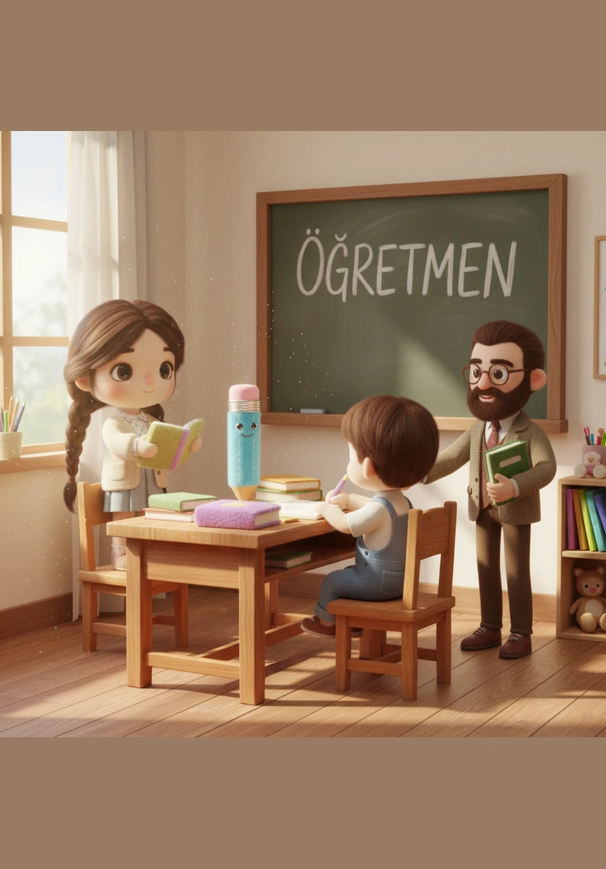 In a cozy, sunlit classroom, a colorful box of pencils sits on a wooden desk. Among the many colors, one bright blue pencil named Mavi stands out with a sparkle of curiosity.