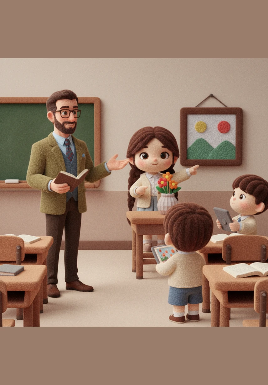 The teacher stands before the curious students and asks a deep question about what makes something beautiful. The children point to flowers, paintings, and even their favorite gadgets while thinking hard.