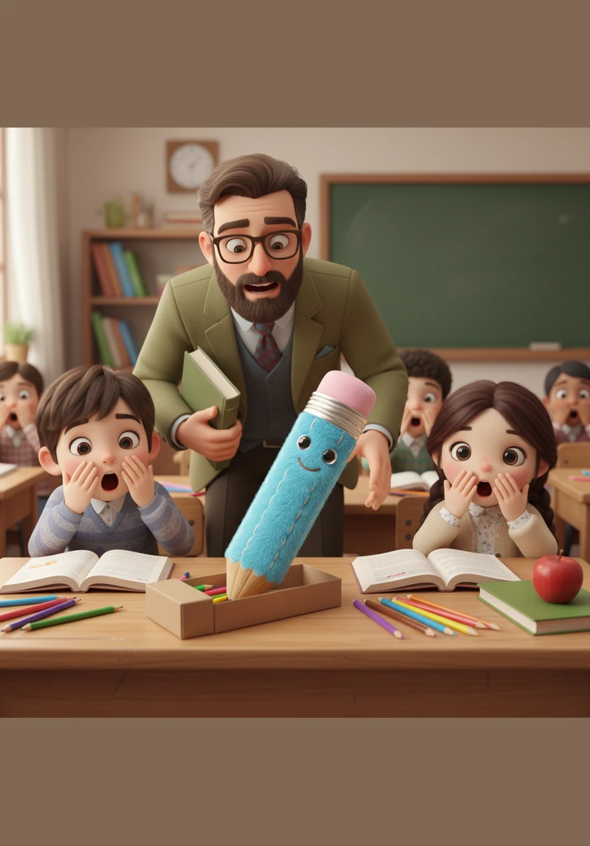 Suddenly, Mavi the blue pencil rolls out of the box and stands upright on the desk. The children gasp in surprise as the little pencil prepares to share its own wisdom about the world.