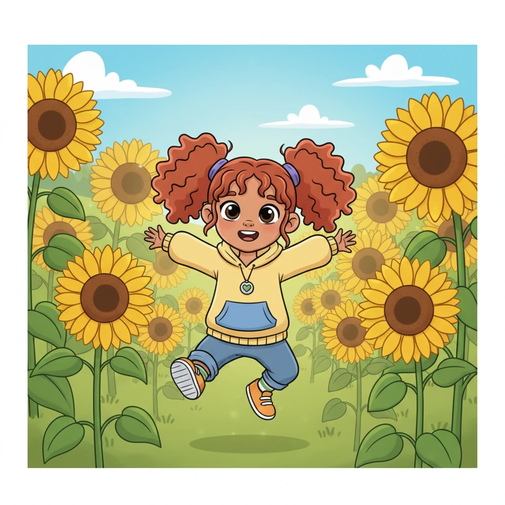 Pip was a bouncy, cheerful friend who loved to explore the big, green meadow. With bright, curious eyes and a giggle always ready, Pip loved to play hide-and-seek among the tall sunflowers. Today, Pip was especially happy, ready for a day full of fun.
