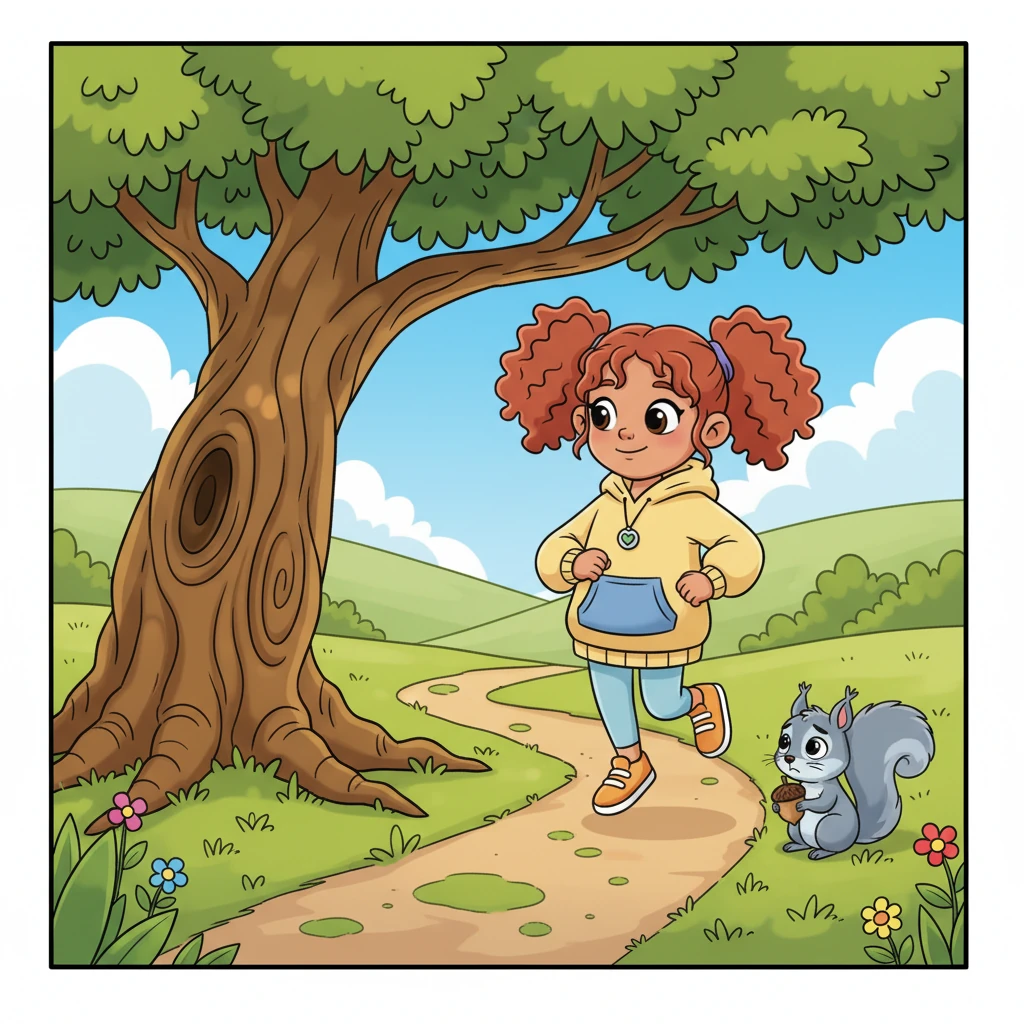 As Pip skipped along, a tiny, grey squirrel sat all alone under a giant oak tree. Its fluffy tail drooped low, and its little nose twitched sadly. The squirrel looked so small and forlorn, clutching an empty acorn shell.