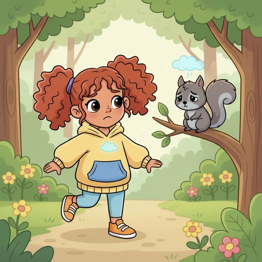 Pip stopped skipping, noticing the squirrel's sad face. A little frown appeared on Pip's brow, and Pip tilted their head, wondering why the squirrel looked so blue. Pip felt a tiny pang in their own heart, a feeling like a small cloud.