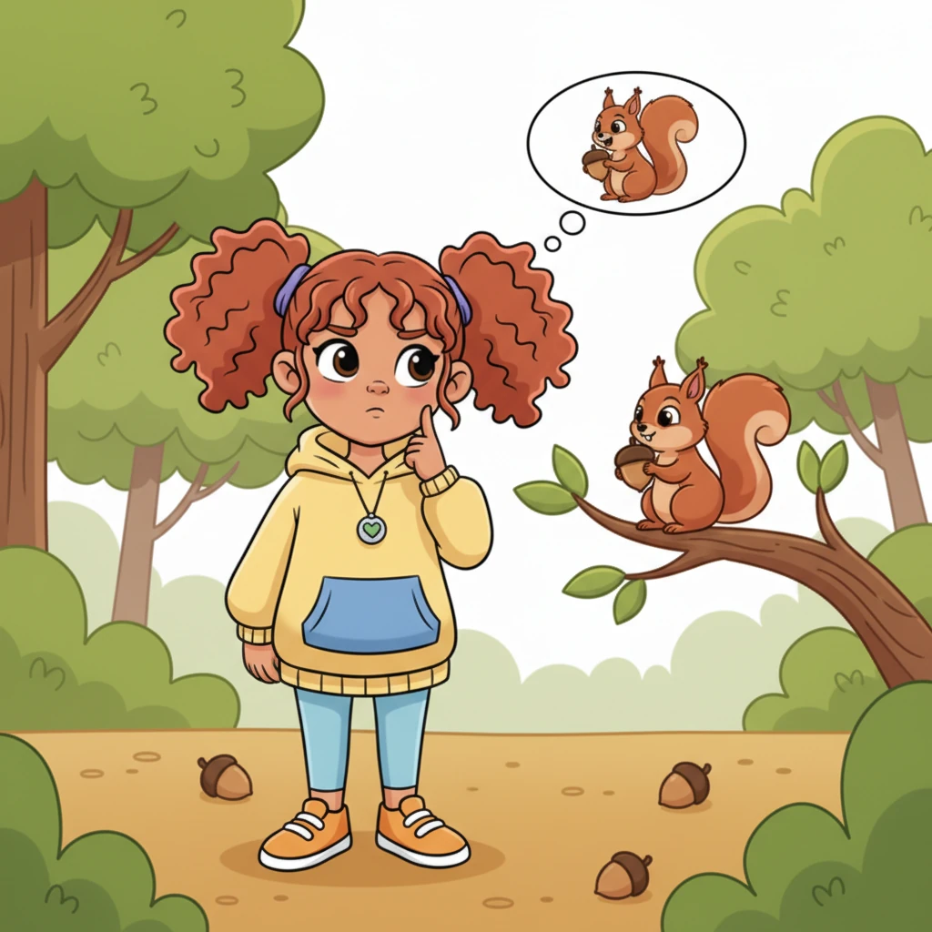 Pip thought hard, putting a finger to their chin. "Hmm," Pip pondered, "what makes a squirrel happy?" Pip remembered seeing squirrels munching on yummy nuts. Maybe that's what the little friend needed!