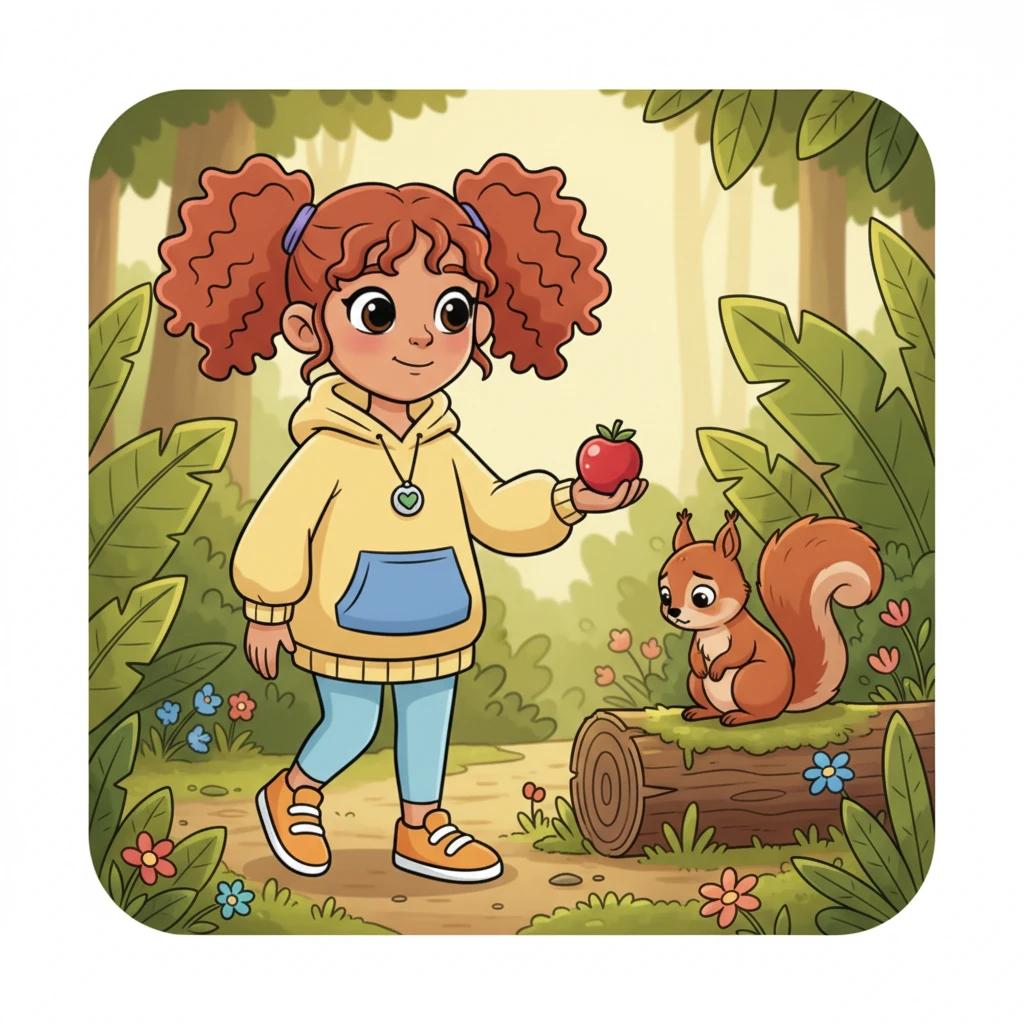 Carefully, Pip found a bright red berry, plump and juicy, hidden beneath a leaf. Pip slowly walked towards the sad squirrel, holding out the berry with a gentle smile. "Hello, little friend," Pip whispered softly.