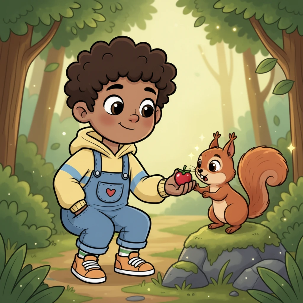 The squirrel peeked up, its eyes wide with surprise. It sniffed the air, then cautiously took the bright berry from Pip's hand. A tiny spark returned to the squirrel's eyes as it nibbled the sweet treat.