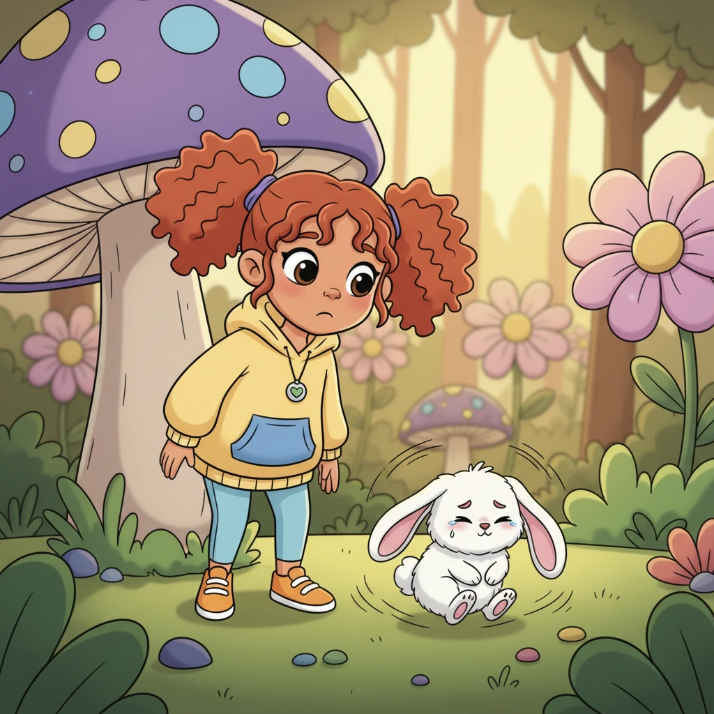 Just then, Pip heard a soft sniffle from behind a big, colourful mushroom. A little bunny with long, floppy ears was looking very upset, hopping around in circles. "Oh no," thought Pip, "another friend is sad!"