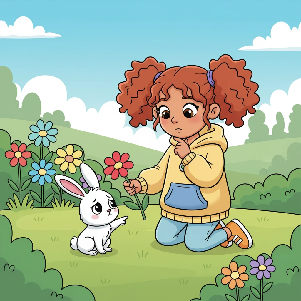 Remembering the squirrel, Pip took a deep breath and walked over to the bunny. "What's wrong, little bunny?" Pip asked kindly. The bunny explained it had lost its favourite shiny pebble. Pip offered to help search, looking carefully under every flower.
