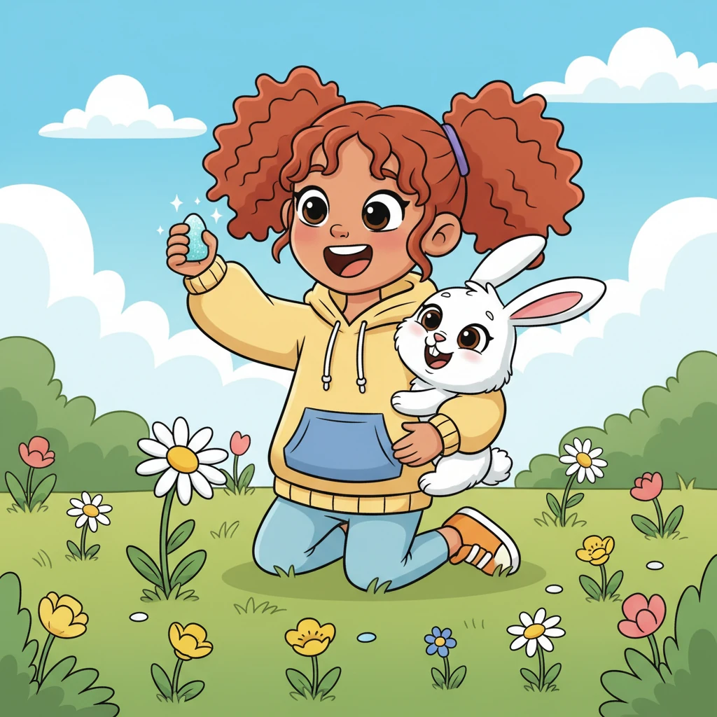 Together, Pip and the bunny searched until, "Eureka!" Pip exclaimed, finding the sparkling pebble tucked under a daisy. The bunny's face lit up with a huge grin, and it gave Pip a big, grateful hug. Pip felt a double dose of warmth, knowing that understanding and helping made everyone's day brighter.