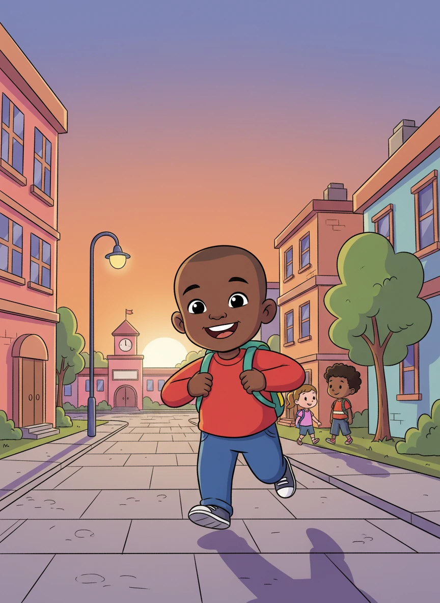 Aidan, a young boy with bright eyes and a wide smile, skipped out of school, his backpack bouncing with each step. The setting sun cast long shadows as he began his walk home. The city hummed with the sounds of the day winding down.
