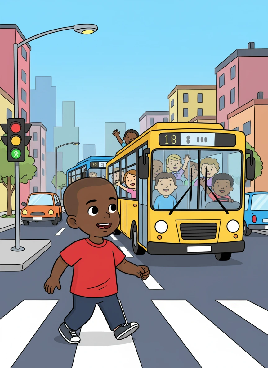 He crossed the busy street, carefully following the crosswalk signals. The colorful city buses zoomed past, each one carrying people to their destinations. Aidan felt safe and secure in his familiar surroundings.