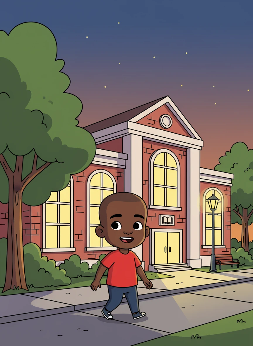 He passed by the local library, a beacon of knowledge and stories. The warm glow of the lights spilled onto the sidewalk. Aidan loved to read and often visited to find new adventures.