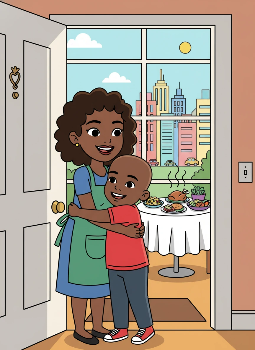 Aidan opened the door, and his mom greeted him with a warm hug. The aroma of his favorite meal filled the air. Aidan smiled, knowing he was exactly where he belonged, safe and happy, in the heart of his city.