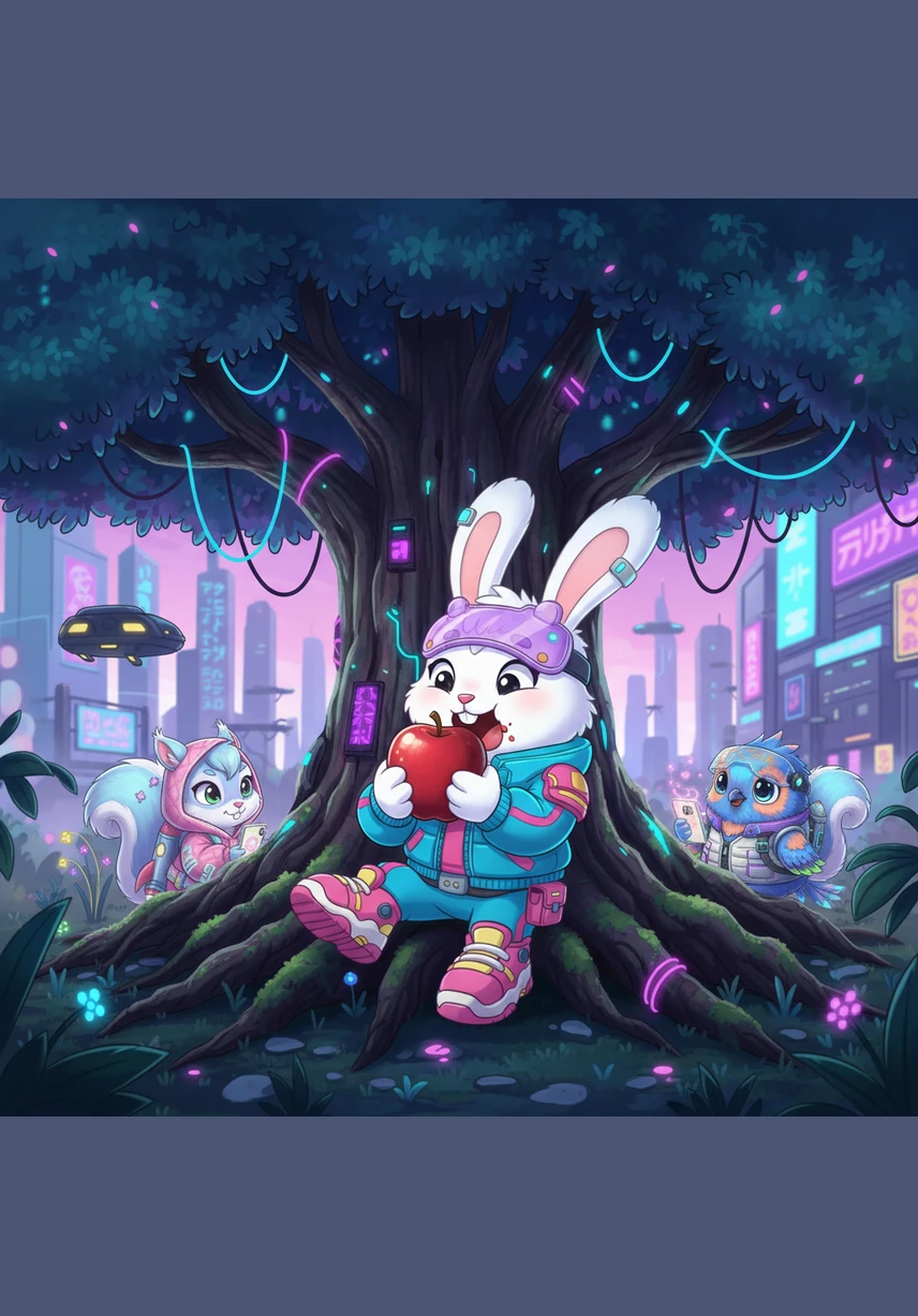 Lilo se sienta solito bajo la sombra de un gran roble y empieza a comer una de las manzanas con mucho entusiasmo. Está tan concentrado en su comida que no se da cuenta de que otros animalitos lo observan desde lejos.