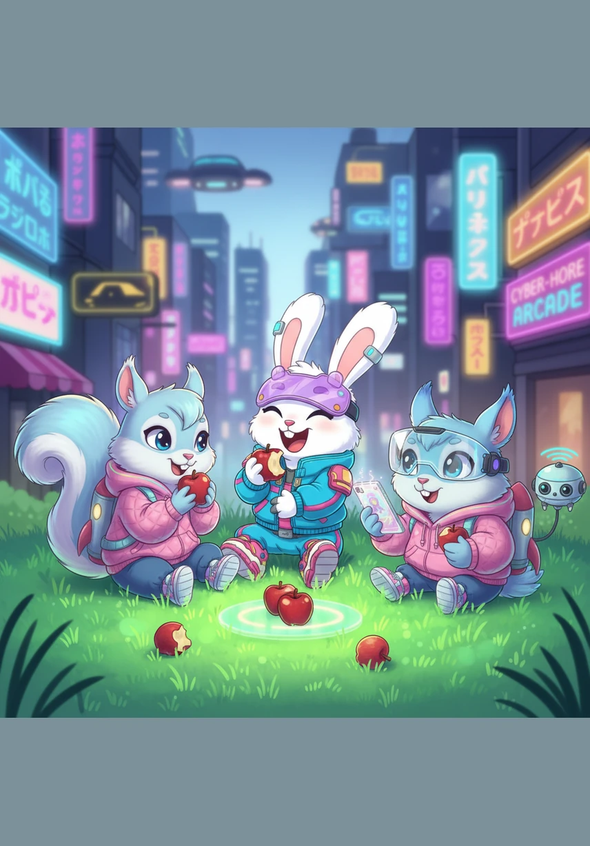 Todos los amigos se sientan en un círculo sobre la hierba fresca compartiendo las jugosas manzanas y contando chistes divertidos. Lilo se ríe a carcajadas y se da cuenta de que la comida sabe mucho mejor cuando se disfruta en compañía.