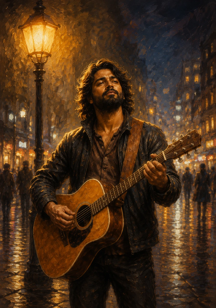 Kabir stands under the soft glow of a streetlamp, his fingers gently strumming an acoustic guitar as a beautiful melody drifts into the cool night air. His eyes are filled with a deep, soulful longing, searching the bustling city for a spark of inspiration.