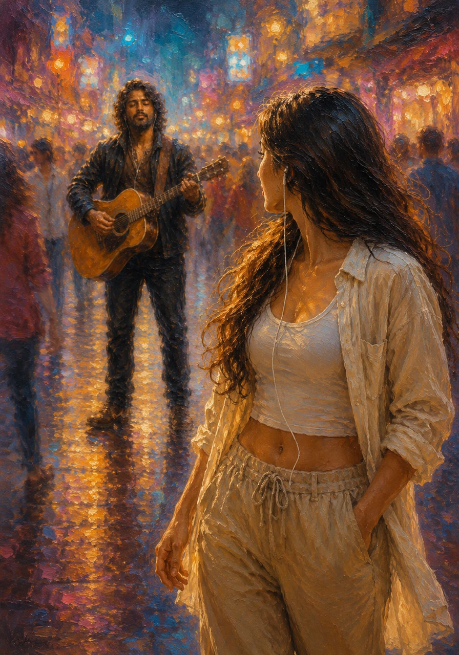 Across the crowded plaza, Meera pauses as the enchanting notes of the guitar catch her attention, making her heart skip a beat. Her gaze locks onto Kabir, and the world around them seems to slow down into a blur of vibrant neon colors.