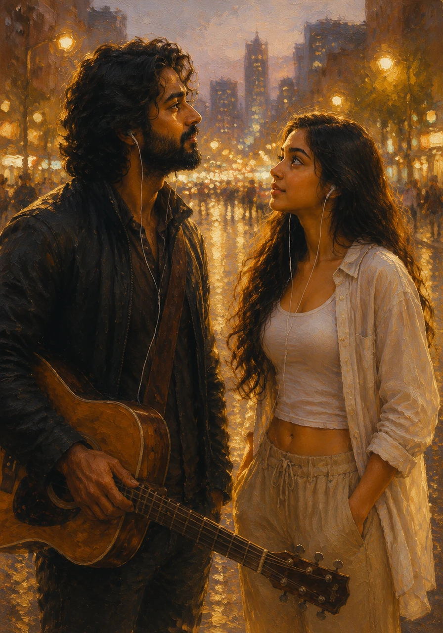 As Kabir looks up, their eyes meet in a powerful, eye-catching moment of pure connection that feels destined. The ambient city lights reflect in their eyes, mirroring the instant warmth igniting between two strangers.