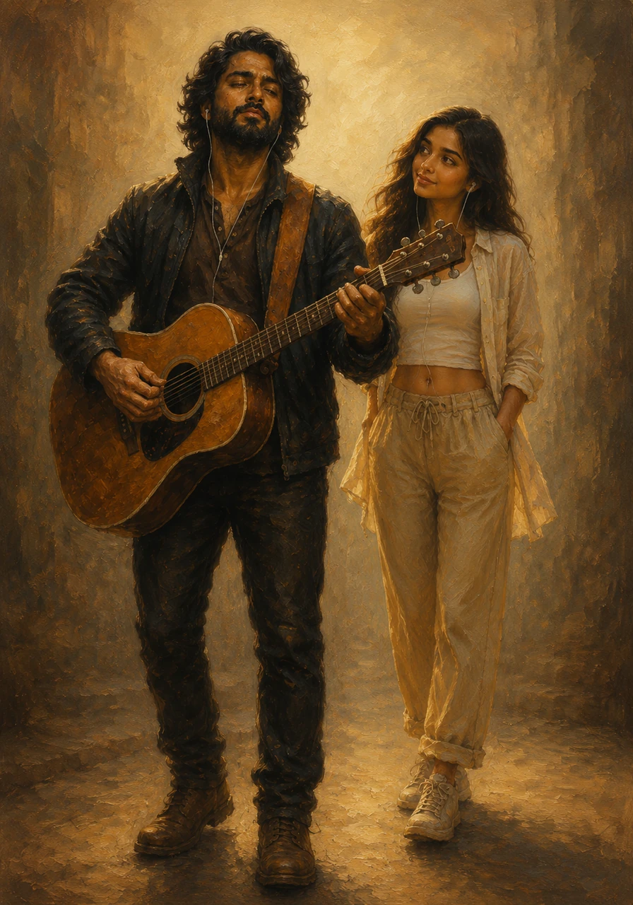 Meera takes a step closer, drawn by the irresistible pull of the romantic tune that feels like it was written just for her. A gentle smile graces her lips, breaking the barrier of silence between them.