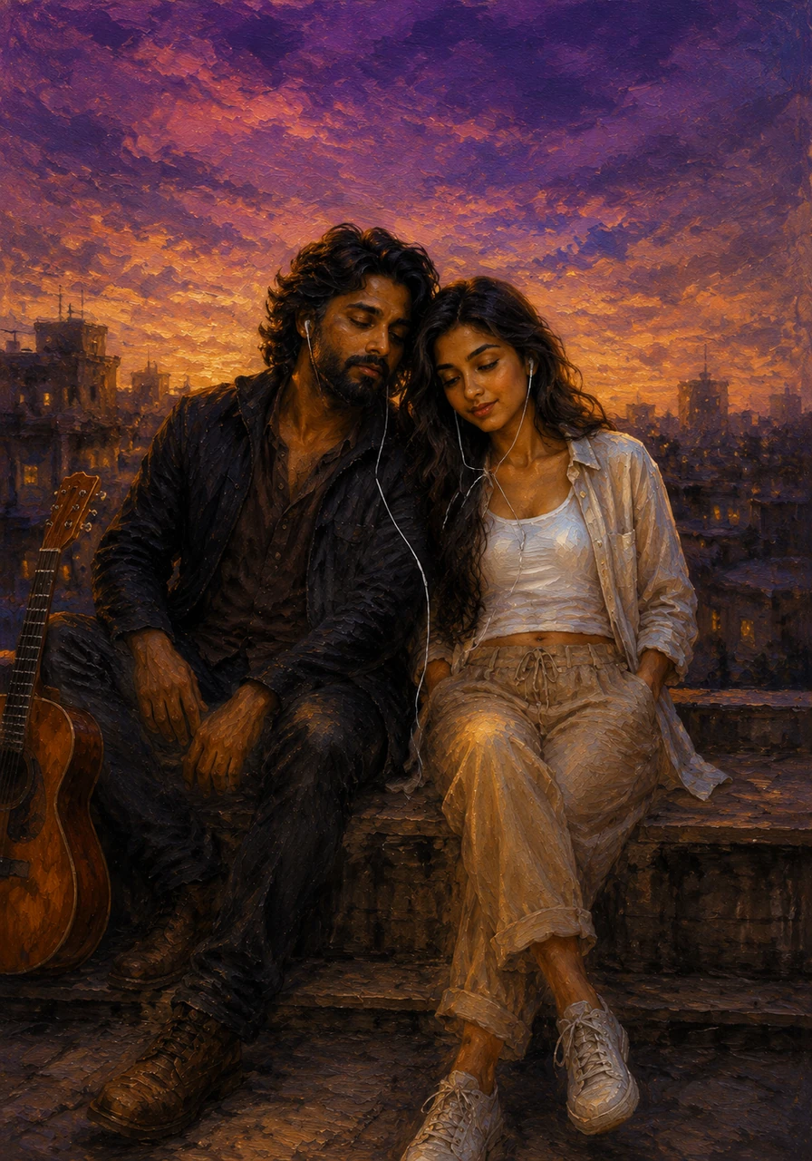 They sit together on a rooftop bench at twilight, the sky painted in deep shades of purple and gold as they share a single pair of earphones. The music binds them, weaving an invisible thread of shared dreams and unspoken feelings.
