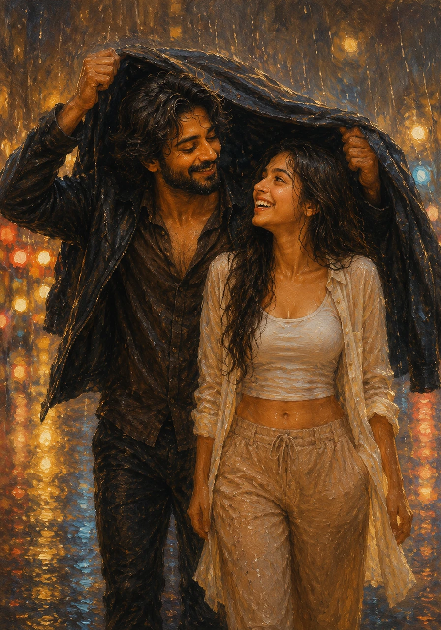 Under a sudden, warm summer drizzle, Kabir holds his jacket over Meera to shield her, both of them laughing effortlessly. The rain turns the city lights into a shimmering backdrop for their blossoming romance.