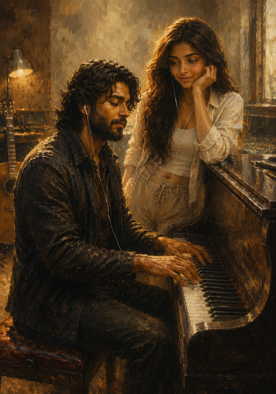 In the quiet sanctuary of a music studio, Kabir plays a new melody on the piano while Meera leans against it, watching him with admiration and deep affection. The atmosphere is thick with inspiration and the undeniable touch of true love.