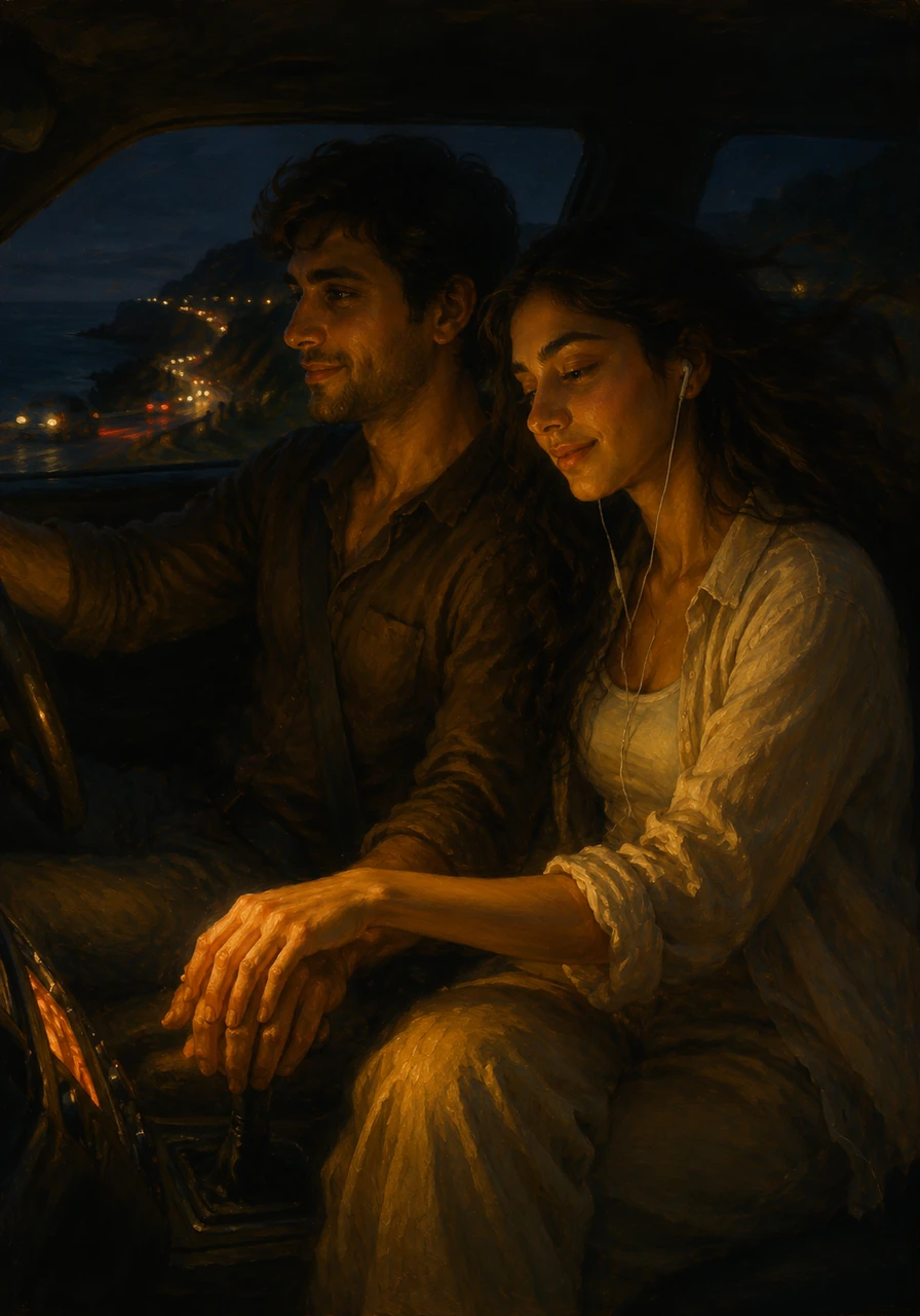 They take a late-night drive along the coastal highway, the wind in their hair and the dashboard glowing softly as their favorite song plays on the radio. Meera reaches out to gently rest her hand over Kabir's, sealing a silent promise.