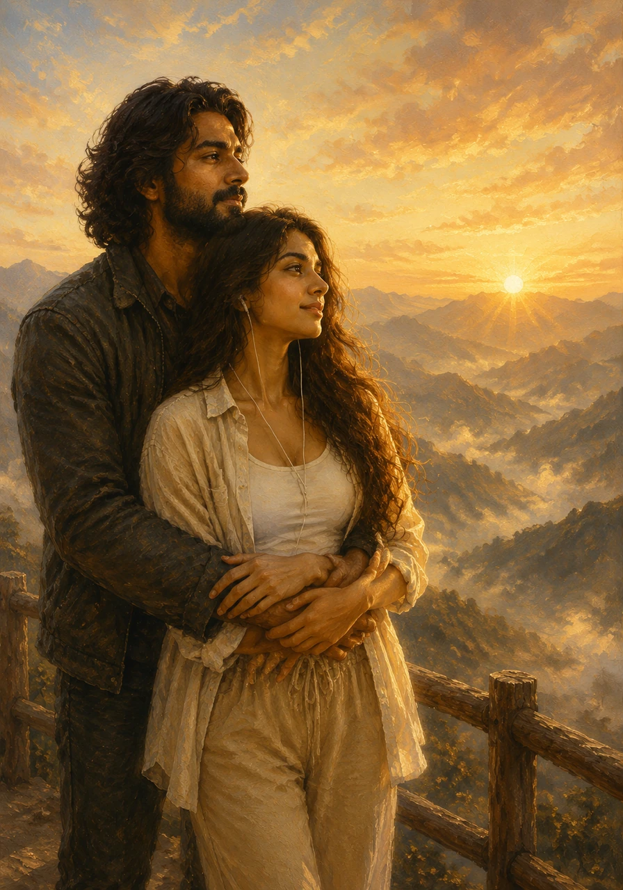 Standing on a scenic overlook at dawn, the first rays of the sun illuminate their faces as they look toward the horizon together. Kabir wraps his arms around Meera, capturing a picture-perfect moment of serenity and passion.