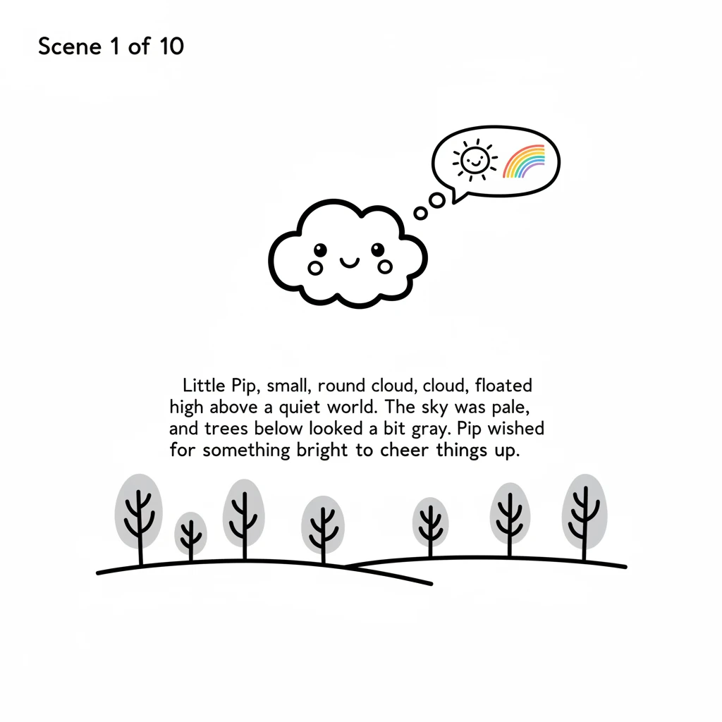 Little Pip, a small, round cloud, floated high above a quiet world. The sky was pale, and the trees below looked a bit gray. Pip wished for something