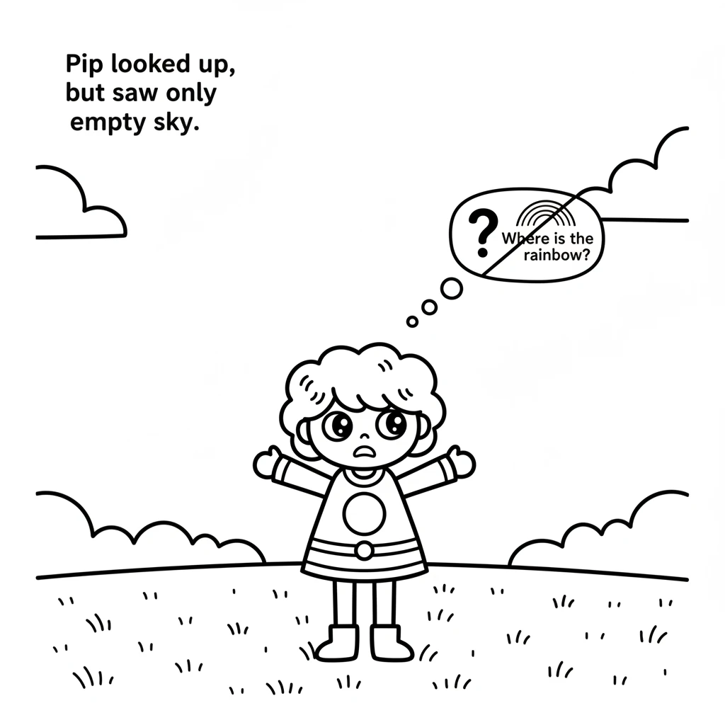 Pip looked around and noticed something big was missing. Where was the magnificent arch of colors that usually brightened the sky? The beautiful rainb