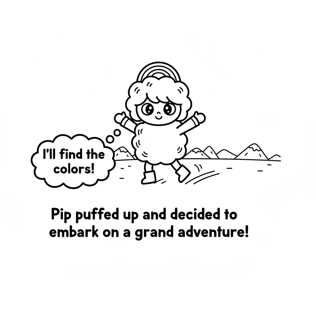 Determined, Pip puffed up and decided to embark on a grand adventure. Pip would search far and wide to bring the missing colors back. A little cloud c