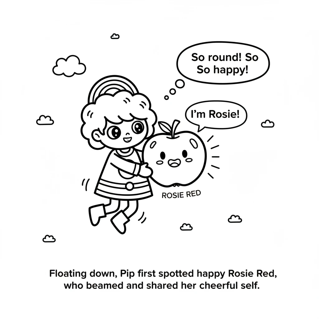 Floating down, Pip first spotted a happy, round apple named Rosie Red. Rosie beamed, sharing her cheerful, bold red with Pip, who carefully collected