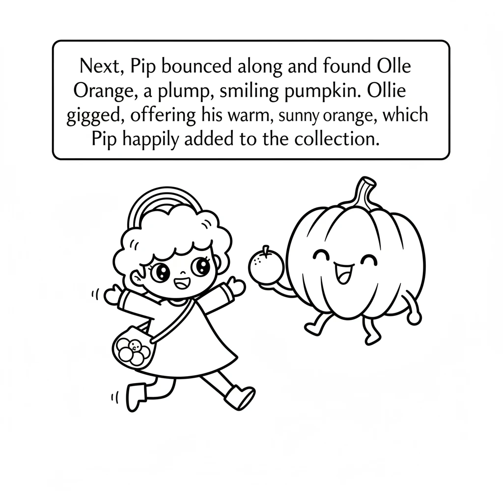 Next, Pip bounced along and found Ollie Orange, a plump, smiling pumpkin. Ollie giggled, offering his warm, sunny orange, which Pip happily added to t