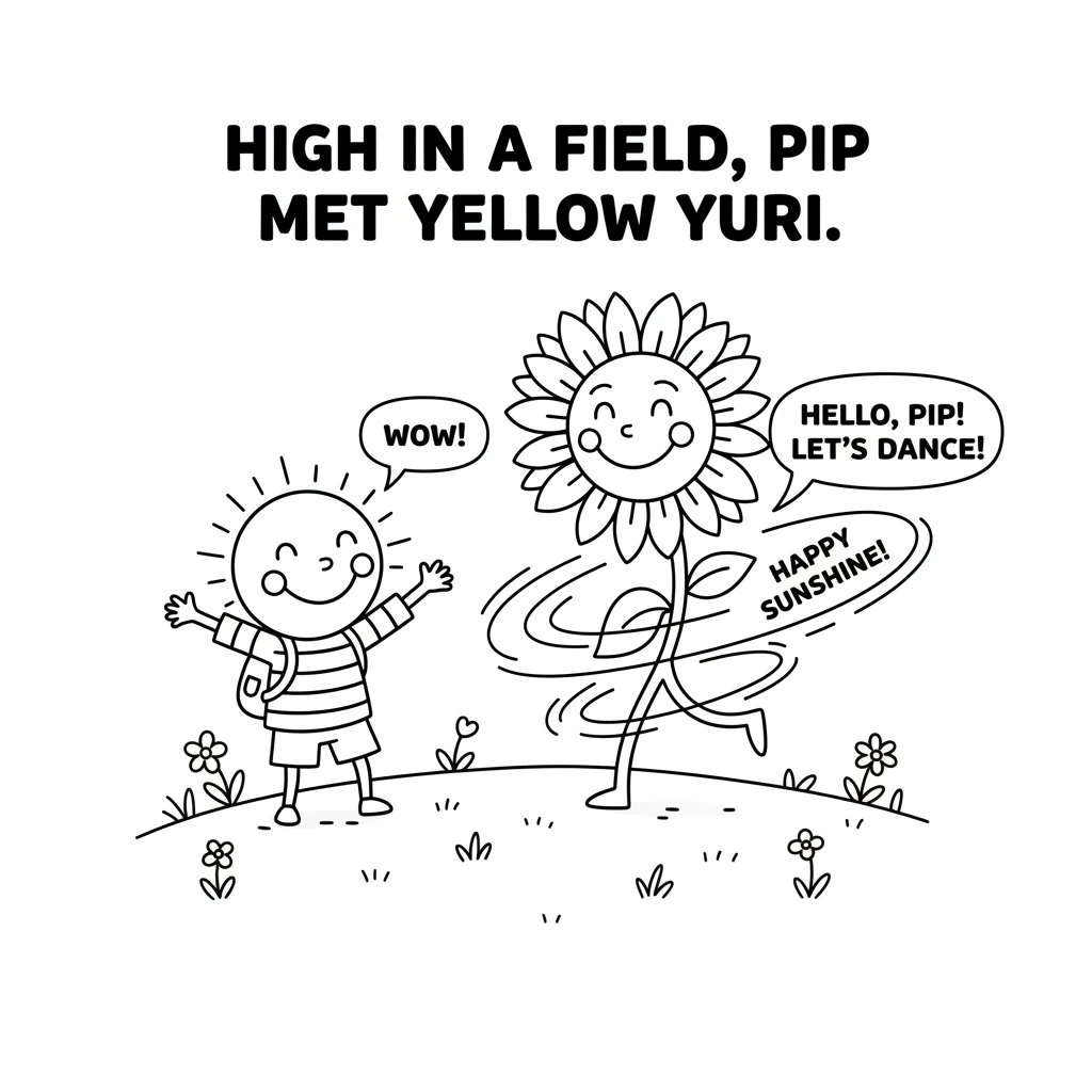 High in a field, Pip met Yellow Yuri, a bright, welcoming sunflower. Yuri spun around, sharing her happy, golden yellow, filling Pip with sunshine.