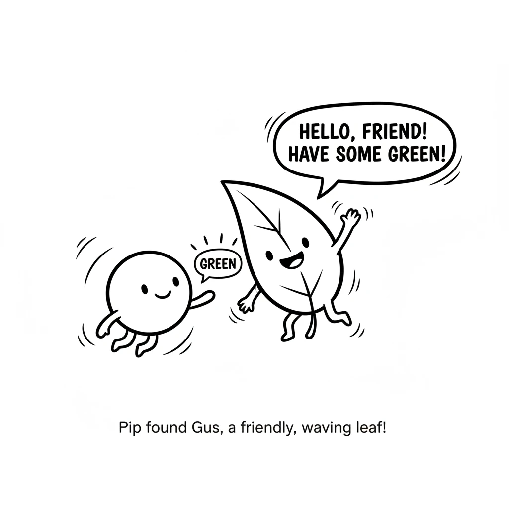 Drifting through a gentle breeze, Pip found Green Gus, a friendly, waving leaf. Gus rustled softly, giving Pip his fresh, lively green, full of nature