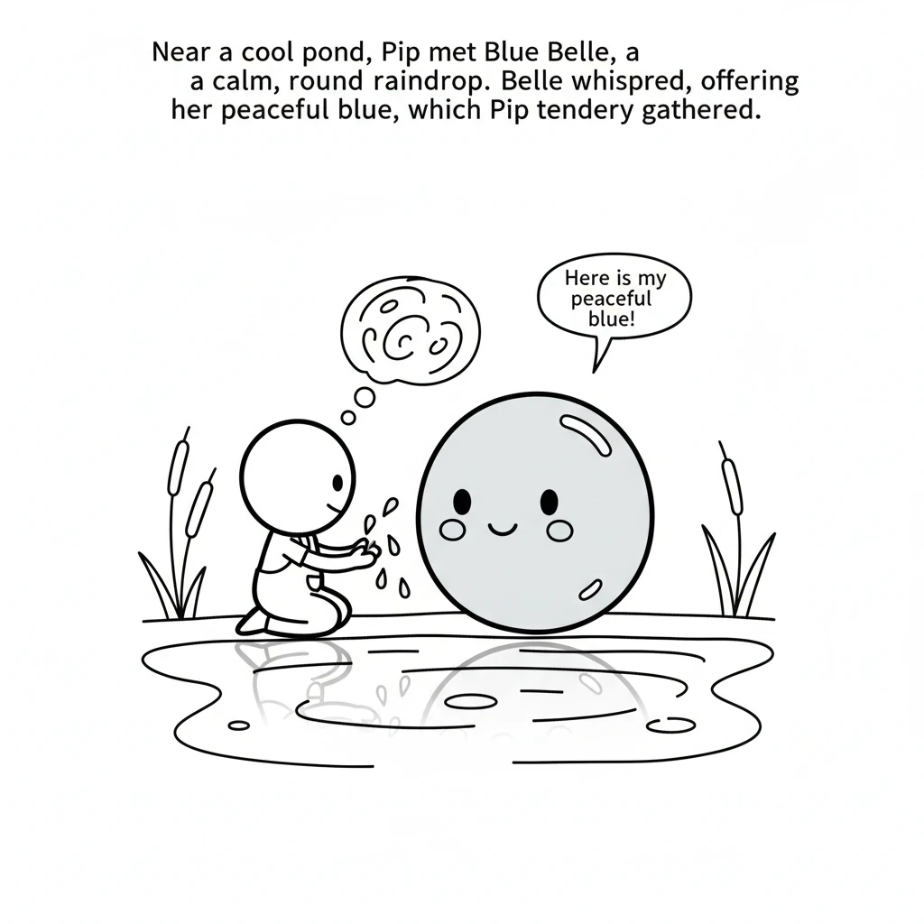 Near a cool pond, Pip met Blue Belle, a calm, round raindrop. Belle whispered, offering her peaceful, deep blue, which Pip tenderly gathered.