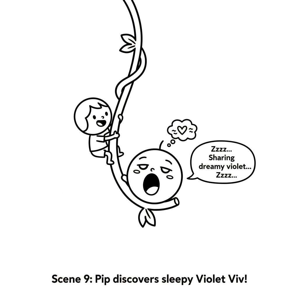 Finally, high on a vine, Pip discovered Violet Viv, a sleepy, sweet grape. Viv yawned, sharing her soft, dreamy violet, completing Pip's colorful coll