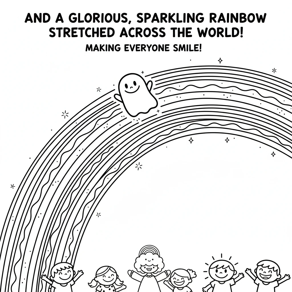 With all the colors gathered, Pip floated back up to the sky. Gently, Pip released the vibrant hues, and a glorious, sparkling rainbow stretched acros