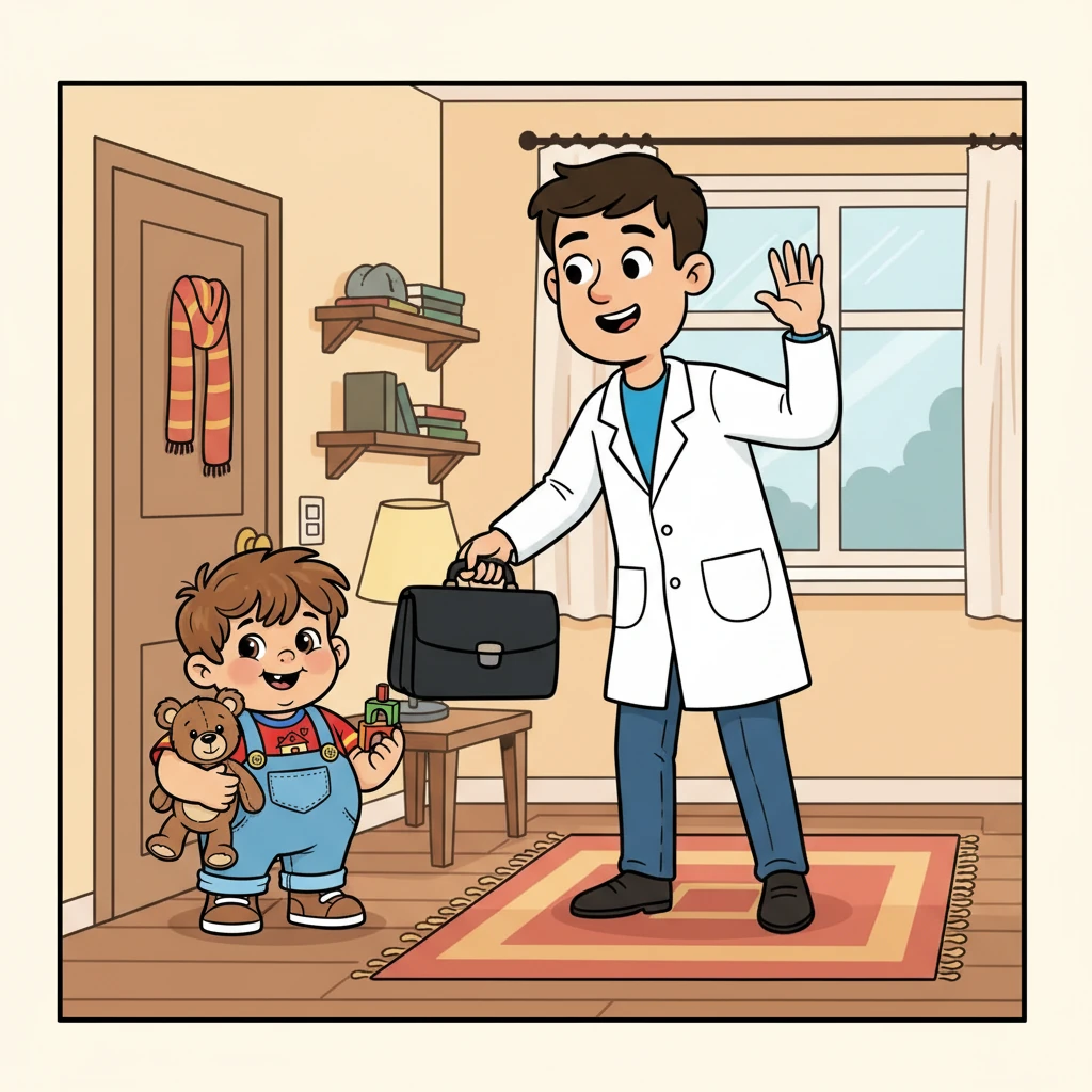 Папа уже встал и собирался на работу. Он доктор и всегда спешит помочь людям. Миша видел, как папа быстро собирает свой портфель и желает всем доброго утра.