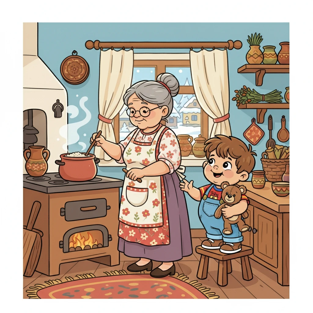 Бабушка хлопотала на кухне, готовя вкусный завтрак. Запах свежей овсяной каши разносился по всему дому. Миша знал, что сегодня его ждет вкусный завтрак.
